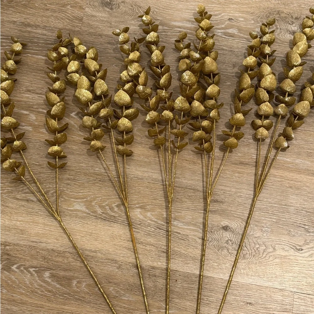 New Gold Metallic Faux Eucalyptus Christmas Floral Stems 26” - Set of 5
